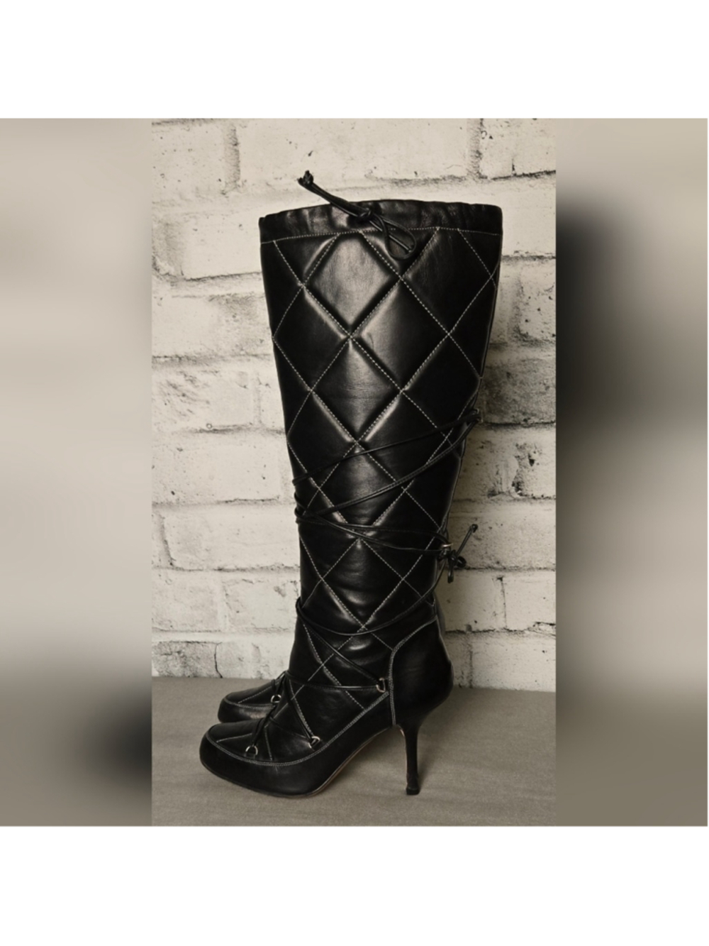 Hugo Boss Quilted Black Leather Tall Boots Women’s 37 Italy Stiletto Heel Zip